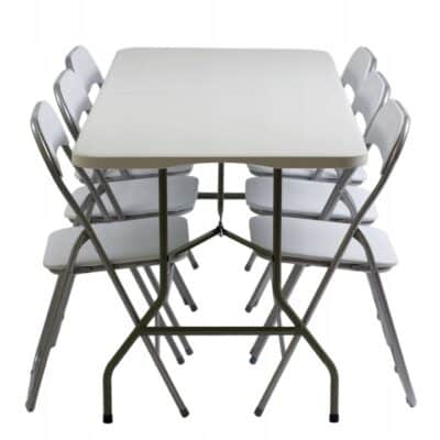 |  Zestaw cateringowy ogrodowy biały składany – stół 180x74cm + 6 krzeseł White | krzeslaonline.pl