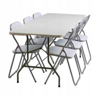 |  Zestaw cateringowy ogrodowy biały składany – stół 180x74cm + 6 krzeseł White | krzeslaonline.pl