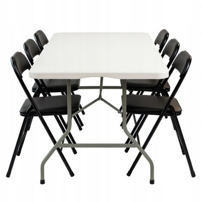 |  Zestaw cateringowy ogrodowy biały składany – stół 180x74cm + 6 krzeseł Black Premium | krzeslaonline.pl