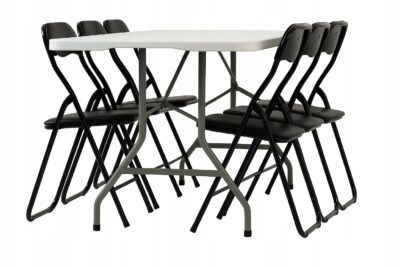 |  Zestaw cateringowy ogrodowy biały składany – stół 180x74cm + 6 krzeseł Black Premium | krzeslaonline.pl