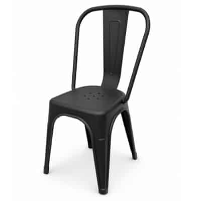 Black metal chair with a curved high back and perforated seat, in matte black finish.|  Krzesło kawiarniane industrialne Metro PP – czarne | krzeslaonline.pl