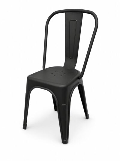 Black plastic/metal chair with a curved back and perforated seat holes, in a simple industrial style.|  Krzesło kawiarniane industrialne Metro PP – czarne | krzeslaonline.pl