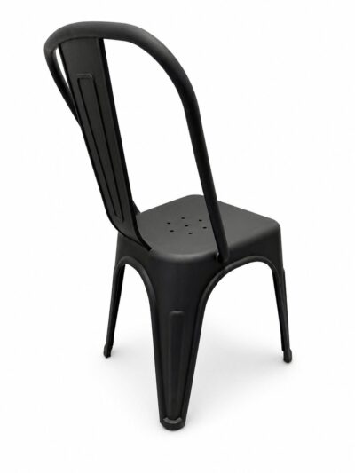 Black metal chair with a curved back and perforated seat, modern industrial design.|  Krzesło kawiarniane industrialne Metro PP – czarne | krzeslaonline.pl