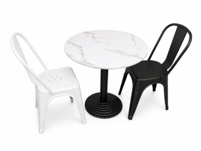 Round marble tabletop bistro set with a white chair on the left and a black chair on the right against a white background|  Krzesło kawiarniane industrialne Metro PP – białe | krzeslaonline.pl