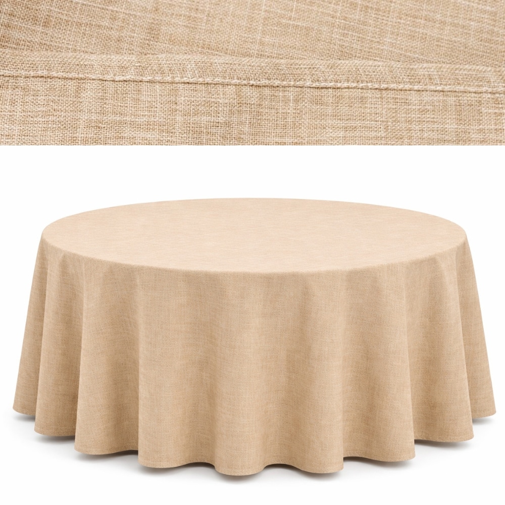Obrus płócienny beżowy “Boho” Fi320cm na stół bankietowy – imitacja lnu | krzeslaonline.pl | Obrus płócienny beżowy “Boho” Fi320cm na stół bankietowy – imitacja lnu | krzeslaonline.pl