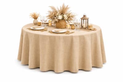 Obrus płócienny beżowy “Boho” Fi320cm na stół bankietowy – imitacja lnu | krzeslaonline.pl | Obrus płócienny beżowy “Boho” Fi320cm na stół bankietowy – imitacja lnu | krzeslaonline.pl